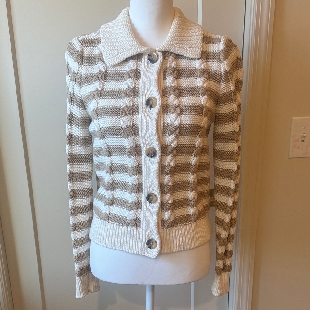 Ann Taylor Cream and Tan Striped Cardigan